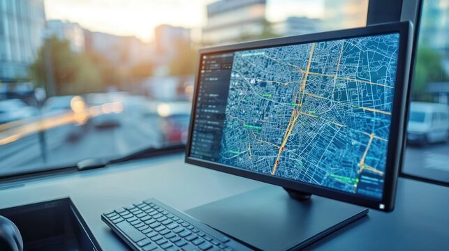 Fleet tracking software interface on a computer screen, showing vehicle locations.
