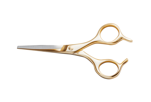 Modern and luxurious hair-cutting gold yellow scissor isolated on cut out PNG or transparent background. Professional hairstyling tools. Advertising or product presentation.