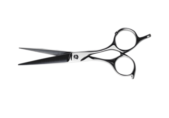 Modern and luxurious hair-cutting silver scissor isolated on cutout PNG or transparent background. Professional hairstyling tools. Advertising or product presentation