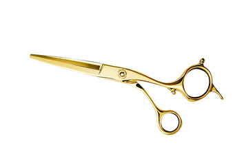 Modern and luxurious hair-cutting gold scissor isolated on cut out PNG or transparent background. Professional hairstyling tools. Advertising or product presentation.