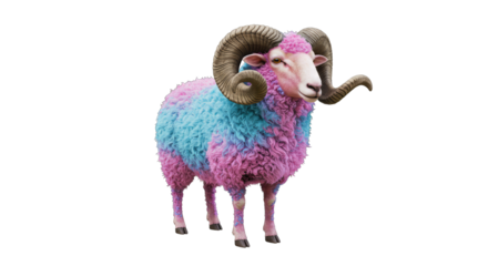  Colorful Ram with Vibrant Wool – Fantasy Farm Animal  PNG on white background
