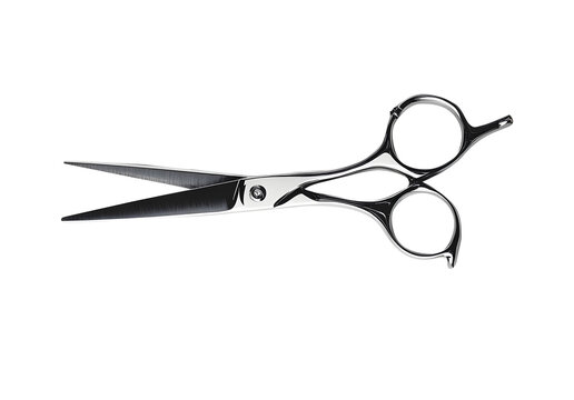 Modern and luxurious hair-cutting silver scissor isolated on cutout PNG or transparent background. Professional hairstyling tools. Advertising or product presentation