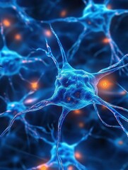 Obraz premium Intricate neuron network with glowing synapses against a dark backdrop creating a visual representation of brain activity and neural connections