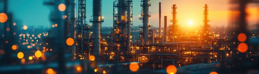 Fototapeta premium Industrial Refinery at Sunset with Illuminated Towers and Bokeh Lights Creating a Futuristic Urban Landscape
