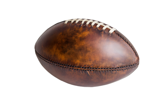 Dark brown leather rugby ball. Rugby football Play on large stadium lawn. Sport that originated from school. Rugby union is popular sport. Isolated on cut out PNG or transparent background. - Powered by Adobe