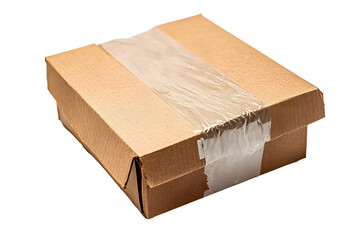 Cardboard brown close parcel box old damaged isolated on cut out PNG or transparent background. For delivery packing items to be sent to their destinations. Concept shipping, and logistics services.