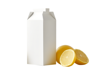 Blank juice box with fruit orange and close lid isolated on cut out PNG or transparent background. Juice matte and kraft packaging. Modern bottle packaging products carton.