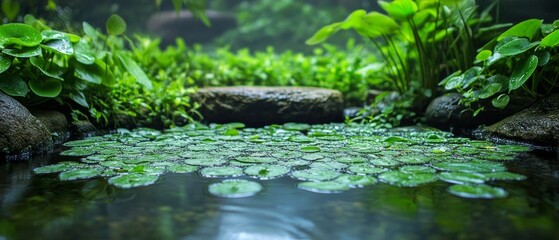 Fototapeta premium Green pond with lilies and stones surrounded by plants. Great for garden project design, environmental articles and landscape design advertising.