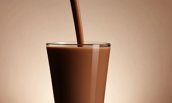 A rich and creamy chocolate milkshake being poured into a glass