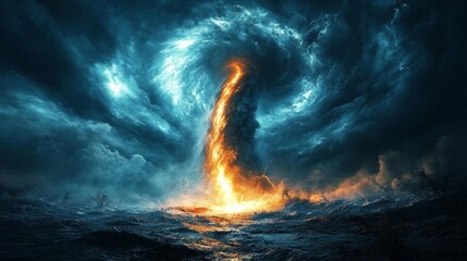 Fototapeta premium A powerful natural phenomenon with swirling clouds fiery eruptions and intense energy forming a dramatic vortex. Generative AI
