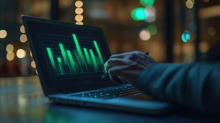 Nighttime Financial Data Analysis on Laptop Screen Showing Green Bar Graph