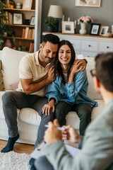 Young couple hugging on sofa during therapy session with psychologist