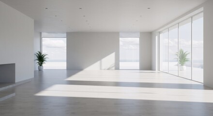 Obraz premium Minimalist empty interior with large windows and sunlight. Modern open plan living space with white walls and floor. Clean design for architecture and real estate concept