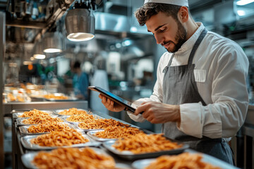 Chef using digital tablet to inspect pasta trays in a modern kitchen, symbolizing food industry automation, quality control, and smart culinary technology