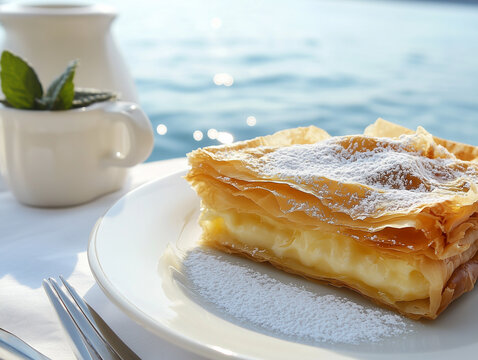 Greek Bougatsa with Cinnamon and Sugar &ndash; A warm slice of Greek bougatsa filled with semolina custard, dusted with cinnamon and powdered sugar, served on a traditional ceramic plate.