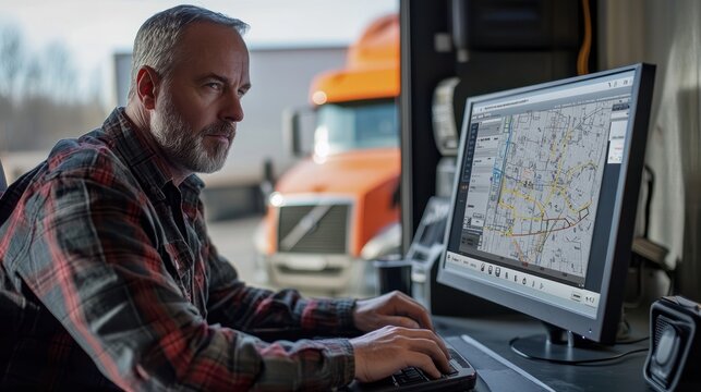 A fleet manager using a computer to monitor vehicle performance and location.