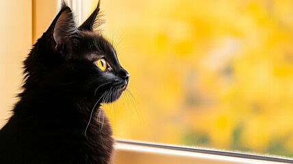 Black cat is gazing pensively through a window with a blurred golden backdrop suggesting autumn foliage outside in the daylight, creating a serene ind
