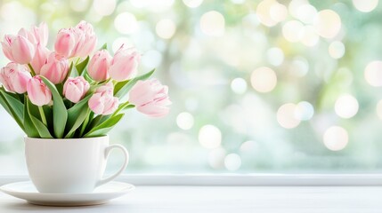 Obraz premium Soft Pink Tulips in a Cup: A delicate bouquet of soft pink tulips in a pristine cup, evoking feelings of freshness and serenity.