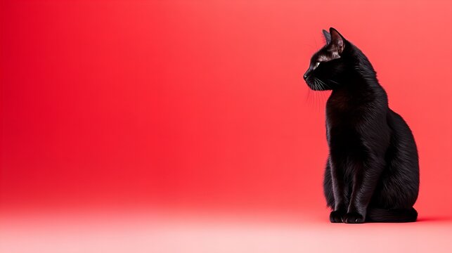 Black cat is sitting upright on a graduated red background looking attentively to the left with its sleek fur and bright eyes, creating a stark contra