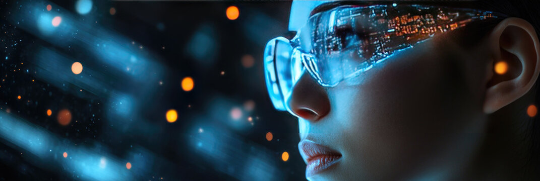 Female doctor wearing protective glasses a surgical mask,analyzing digital medical data on advanced health monitoring system,symbolizing modern healthcare technology, diagnostics, patient care.banner