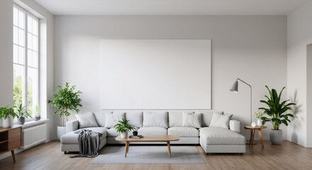 Modern living room interior with white sofa, plants, and blank canvas on wall. Scandinavian style home decor. Minimalist design concept for apartment or house renovation.