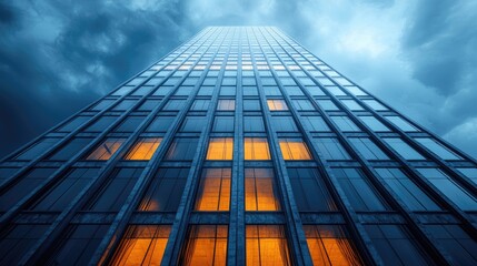 A modern high rise building appears tall against a dramatic cloudy sky