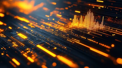 Fototapeta premium Abstract Digital Data Visualization: Glowing Orange Circuitry and Dynamic Graph