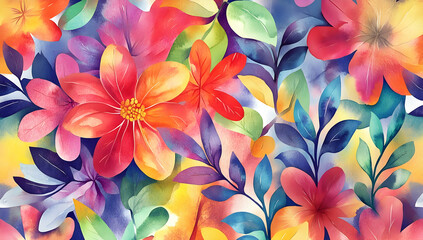 Fototapeta premium A vibrant watercolor background with abstract shapes and floral elements, creating an enchanting atmosphere for artistic expression.