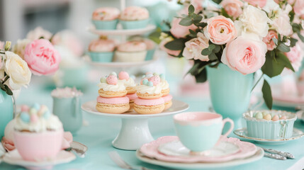 Delightful pastel desserts and floral arrangements create charming spring table setting, perfect for celebrations