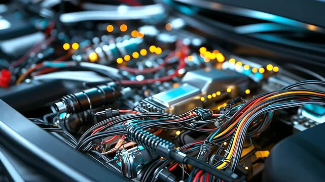 Tightly packed wiring harnesses in a vehicle&rsquo;s engine bay, showcasing the interwoven electrical connections essential for engine management and diagnostics.