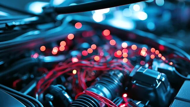 Tightly packed wiring harnesses in a vehicle&rsquo;s engine bay, showcasing the interwoven electrical connections essential for engine management and diagnostics.