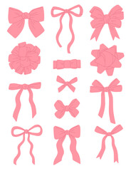 Bows set. Vector illustrations of birthday gifts pink ribbon decoration, hair accessories. Hand-drawn different silk tied bows collection. Design elements for greeting card