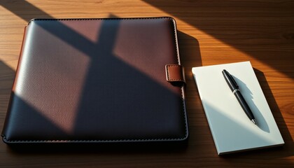 Notebook and Pen on Wooden Desk with Brown Leather Case Realistic View