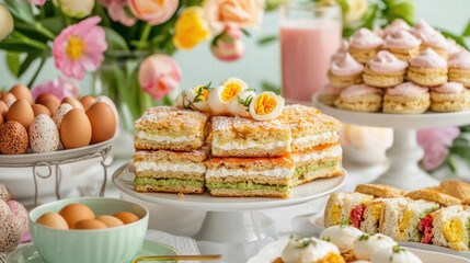 Delightful Easter dessert table featuring colorful cakes, pastries, and decorated eggs, creating festive atmosphere