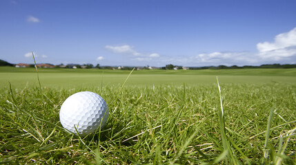 Obraz premium Golf Ball on Green: A golf ball rests on a vibrant green, the perfect embodiment of a sunny day on the course, a game of precision, sport, and open sky.