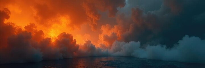 Obraz premium Dense abstract orange fog swirls above a dark surface, atmospheric, darkness, fog