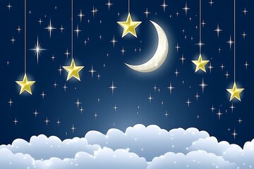 Naklejka premium Dreamy Nightscape with Crescent Moon, Sparkling Stars, and Fluffy Clouds Illustration