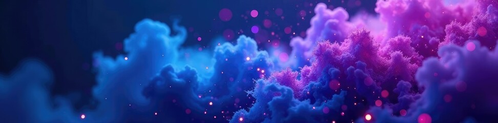 Dense blue smoke swirling around purple glitter particles on a dark abstract background, neon haze, purple glitter