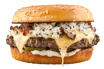 Juicy burger with melted cheese and crispy bacon, close-up