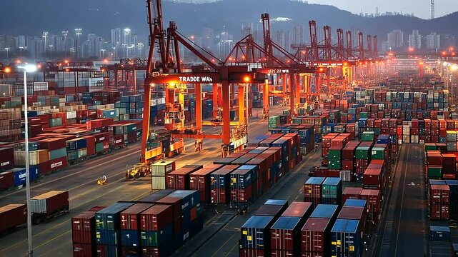 A bustling cargo port with multiple containers marked TRADE WAR, emphasizing the economic impact of tariffs and global restrictions.