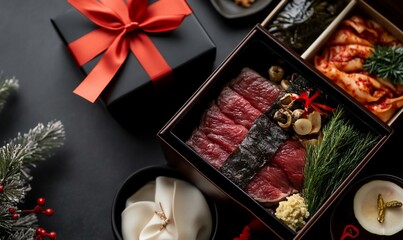 Fototapeta premium Festive holiday gift box with gourmet beef and Asian accompaniments.