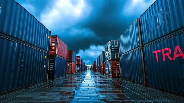 A stormy sky over a dockyard where containers are stacked in rows, with TRADE WAR spray-painted in large letters on one of them, symbolizing global economic struggles.