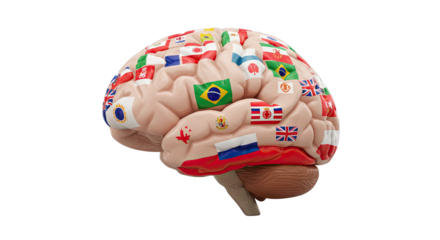 Human Brain with International Flag Representing  Multilingualism and Global Communication on white background PNG 