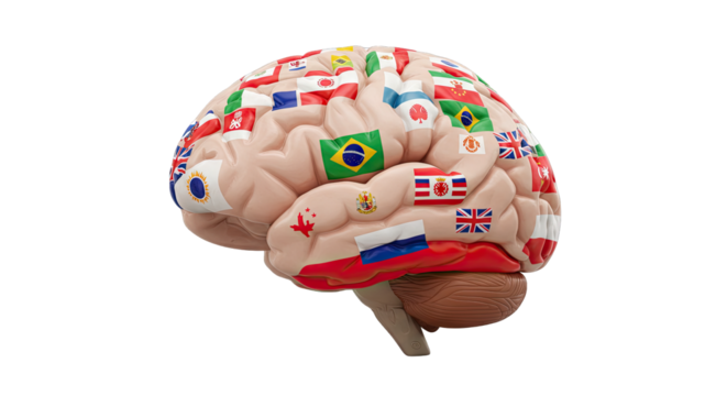 Human Brain with International Flag Representing  Multilingualism and Global Communication on white background PNG 