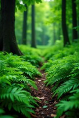Fototapeta premium Dense foliage of green ferns on the forest floor, clipping path, flower bush, isolated plant