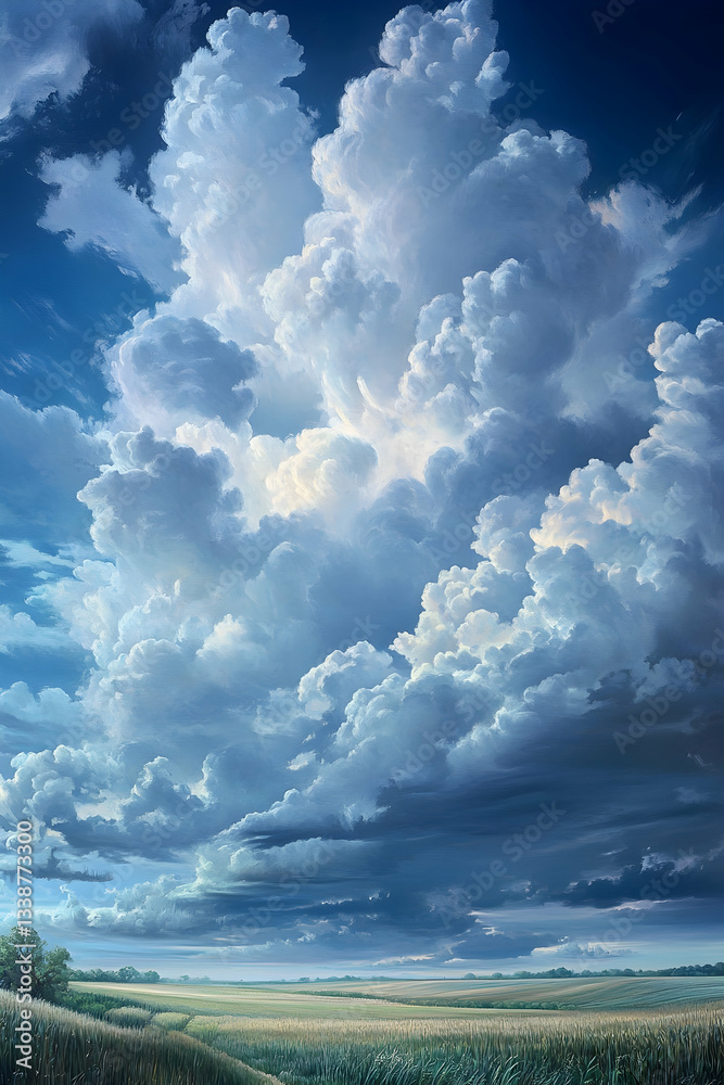 Wall mural a large cloud formation in the sky over an open field, with clouds forming into multiple layers.