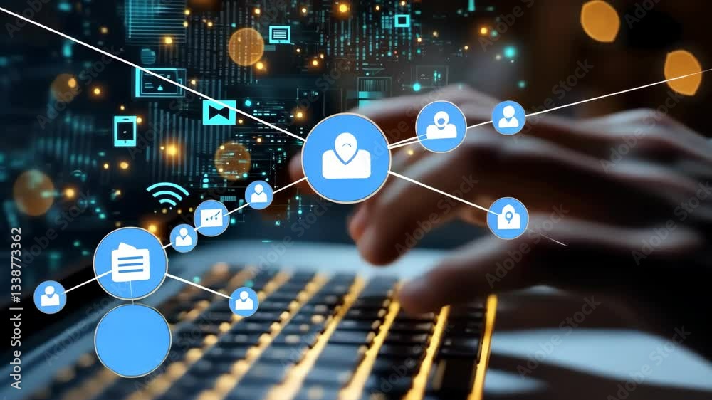 Poster this closeup image depicts hands typing on a modern laptop, with digital icons and data visualizatio