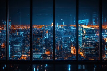 Stunning Nighttime Cityscape View from a Skyscraper Window Overlooking a Vibrant Urban Skyline Illuminated by City Lights