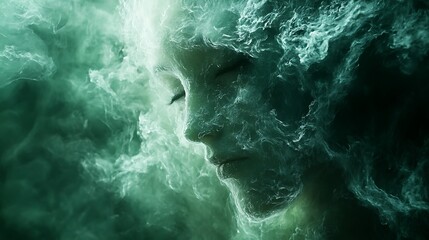 Stunning abstract face formed with swirling cosmic energy and glowing eyes