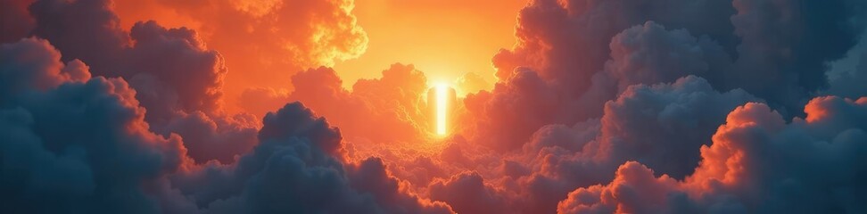 Fototapeta premium Gates of fire engulfed in blazes rise high among cloudy masses glowing softly, gates, ethereal, clouds